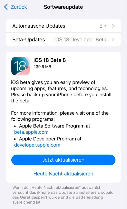 临夏苹果手机维修分享苹果 iOS / iPadOS 18 开发者预览版 Beta 8 发布 